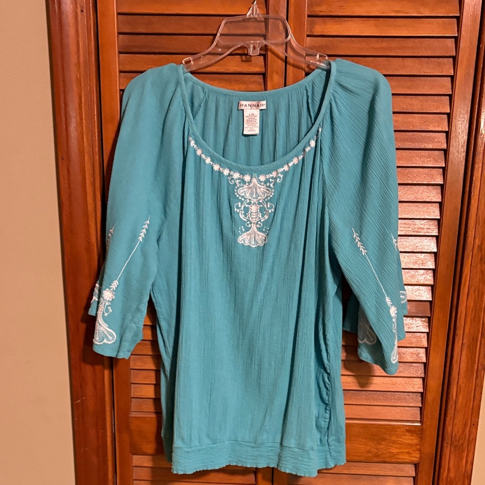 Hannah Turquoise Blouse with White Embroidery